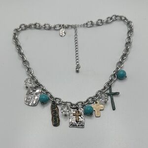 Faith-Inspired Silver Necklace with Gold and Turquoise Charms